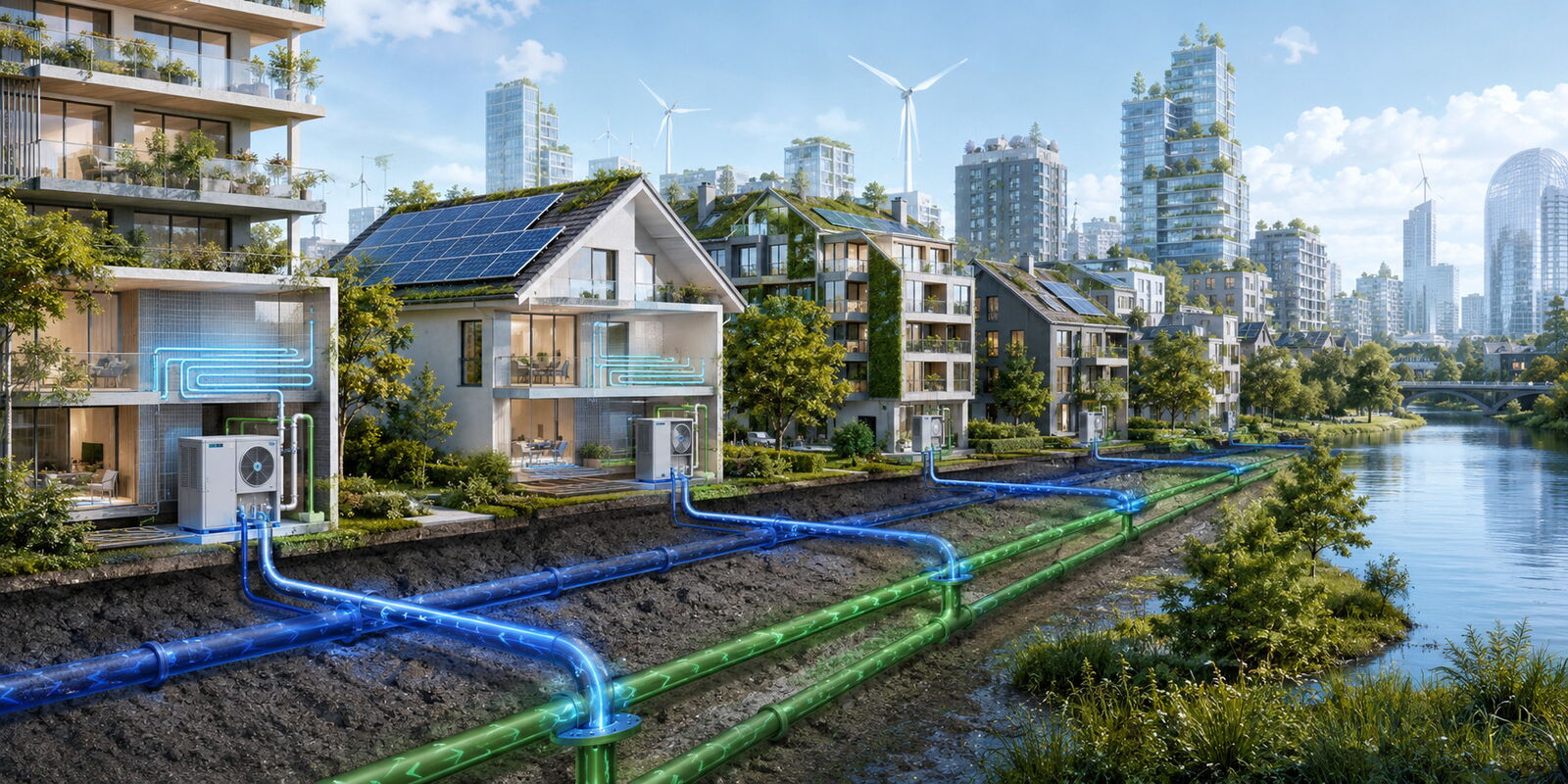 AI-generated image of a sustainable city of the future with a district cooling network and flex heat pumps