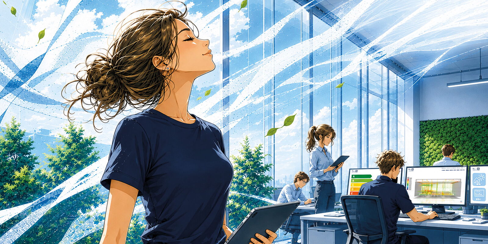 ein Manga-Bild zeigt saubere Luft am Arbeitsplatz und in der Natur - Saubere und gesunde Luft für ALLE - Dresdner Kolloquium zur Luftreinhaltung - neue Filtertechnologien