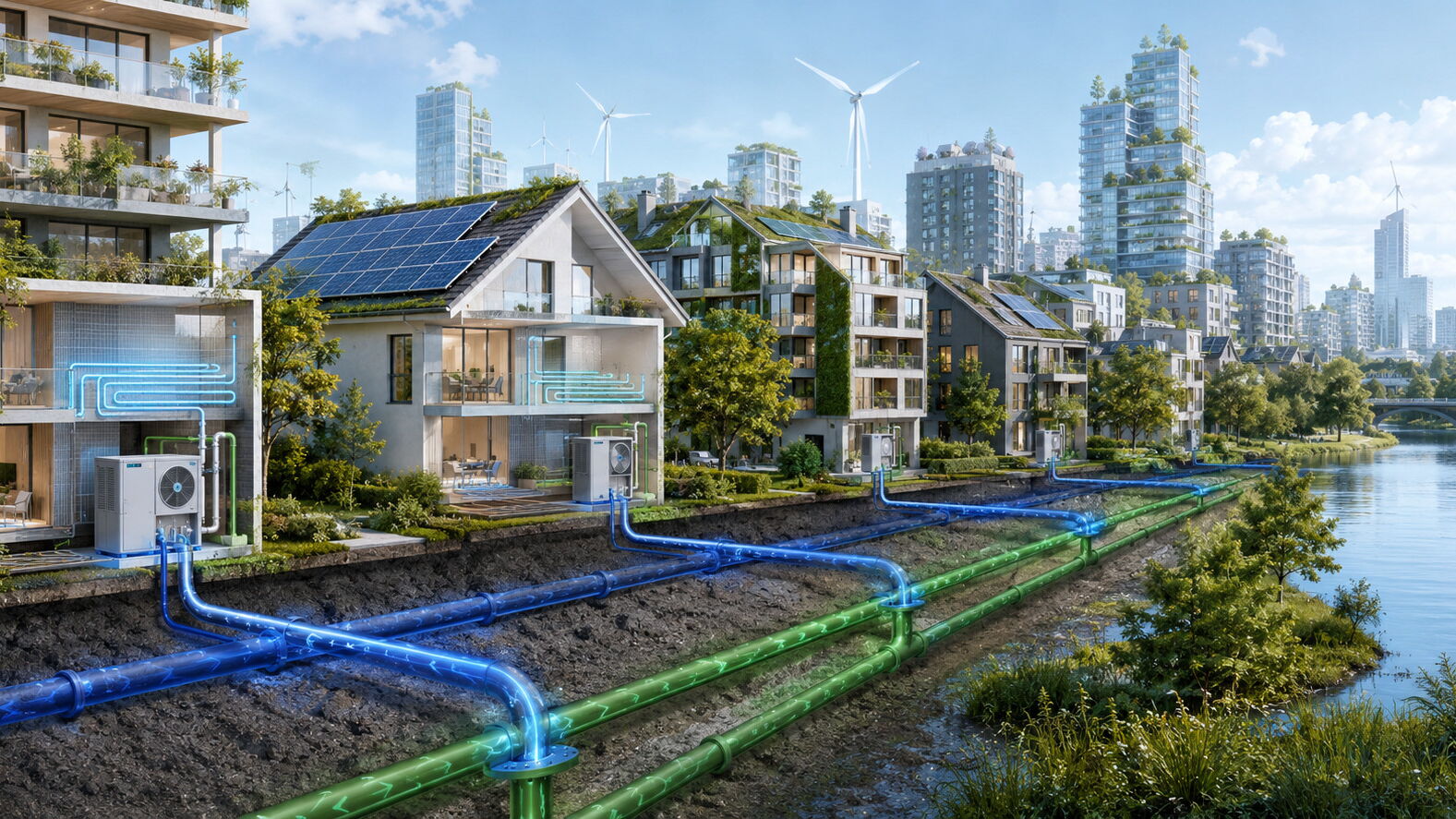 AI-generated image of a sustainable city of the future with a district cooling network and flex heat pumps