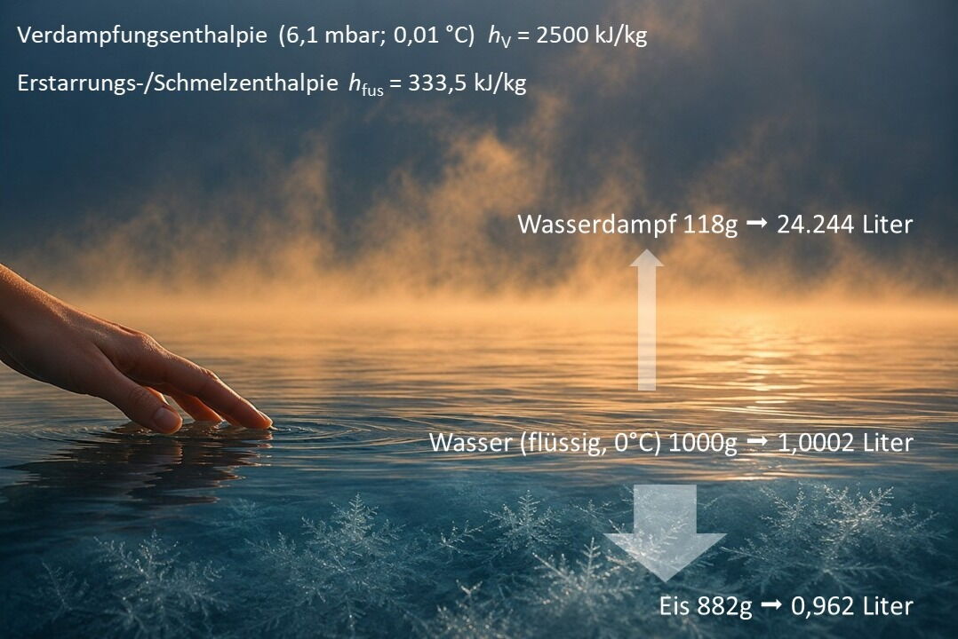 Seeoberfläche mit direktem Verdampfungsprozess und Eiskristallbildung unter der Wasseroberfläche