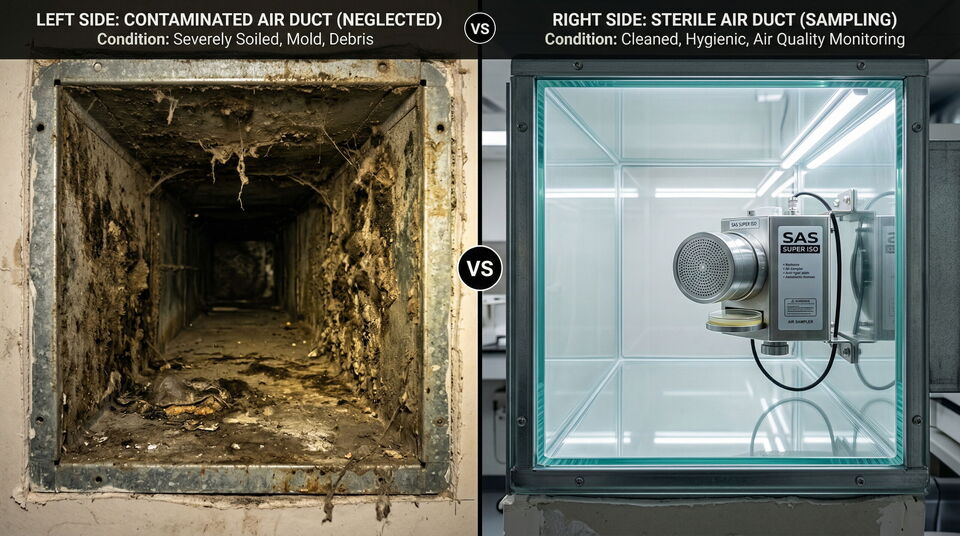 Comparison of a heavily contaminated air duct with mold and dust and a clean, sterile air duct with a measuring device