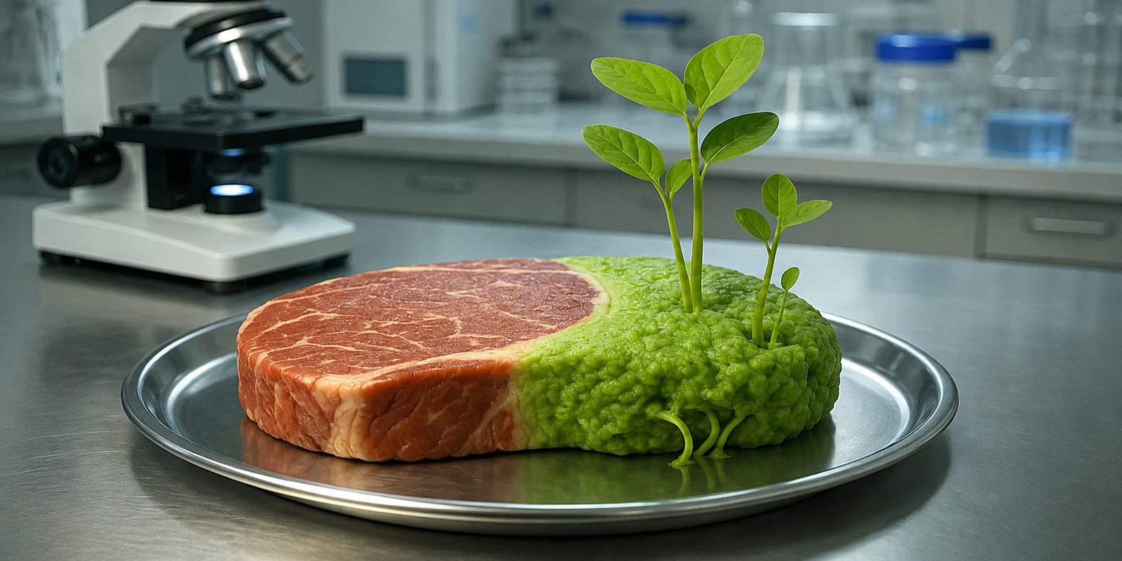 Steakähnliches Stück aus veganem Material mit angedeuteten Sprossen, die aus der fleischartigen Oberfläche wachsen, im Labor.