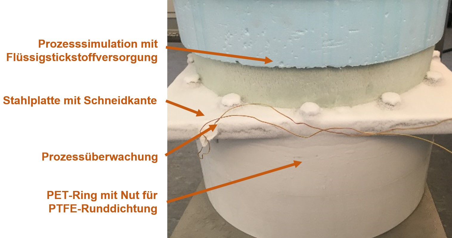 Beispiel einer zu untersuchenden Verbindung zwischen 2 Werkstoffen (Stahl und PET) mittels Schneidkante bei -90°C